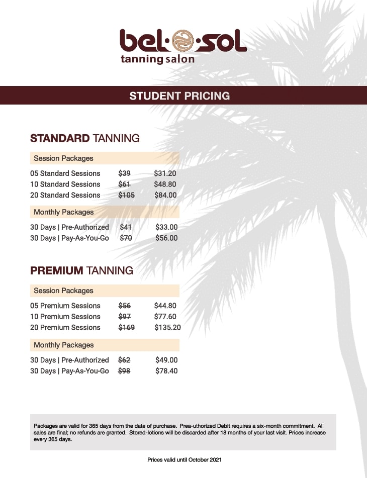 Affordable student tanning packages at a salon.