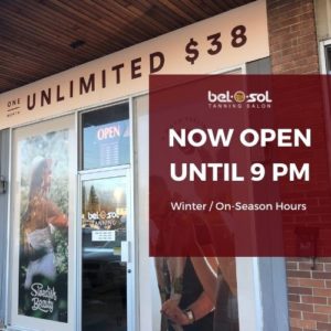 Extended evening hours at tanning salon until 9 PM.