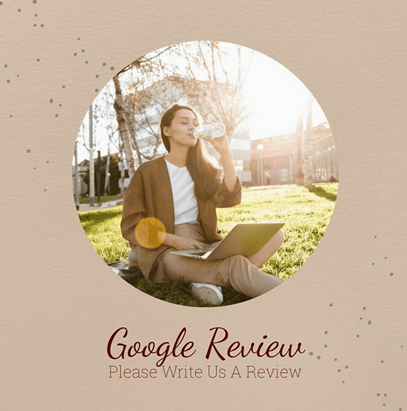 Woman with laptop outdoors requesting a Google review.
